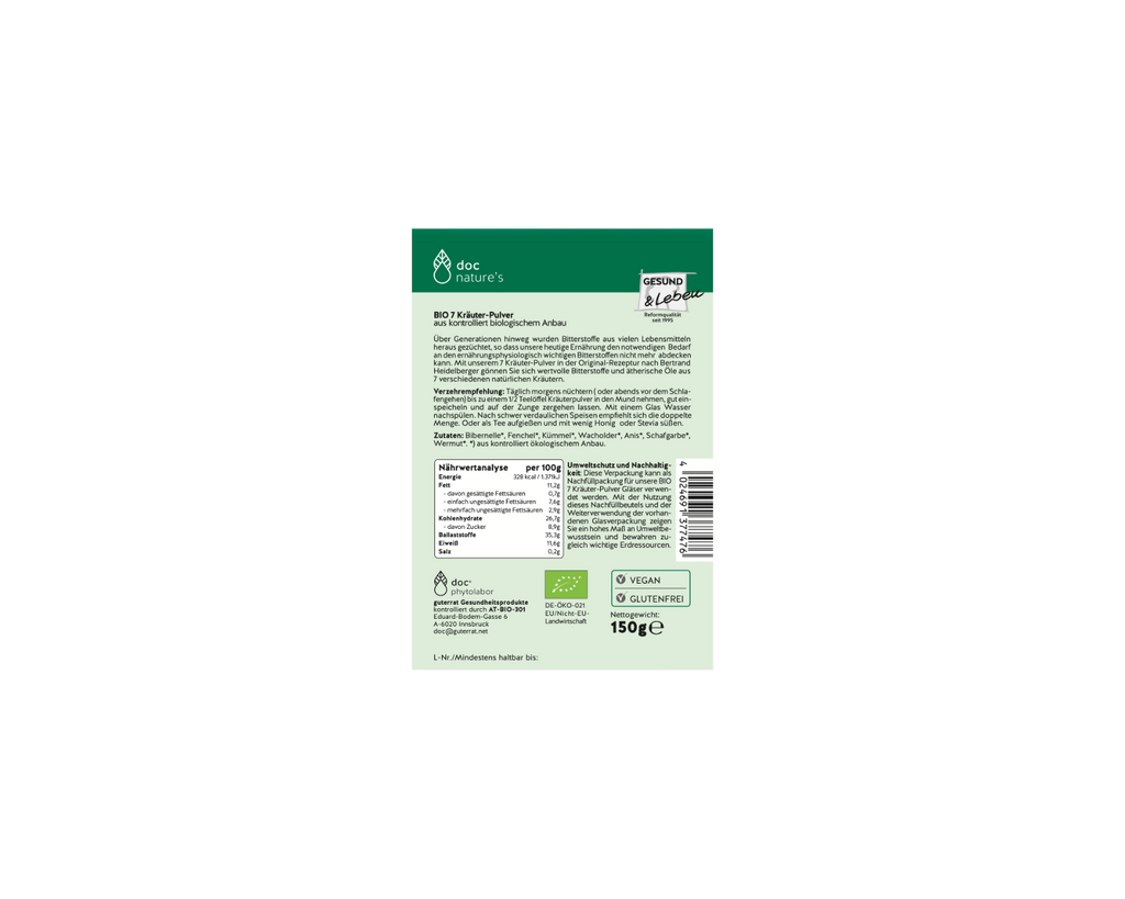BIO 7 Bitterstoffe Pulver - Tägliche Kräuter-Routine mit 7 Bio-Pflanzen vor dem Essen, 75 g oder 150 g