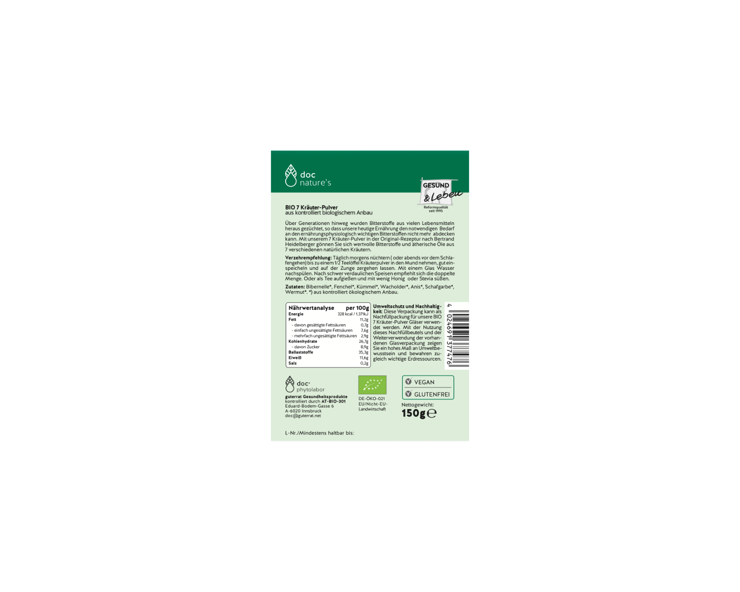 BIO 7 Bitterstoffe Pulver - Tägliche Kräuter-Routine mit 7 Bio-Pflanzen vor dem Essen, 75 g oder 150 g