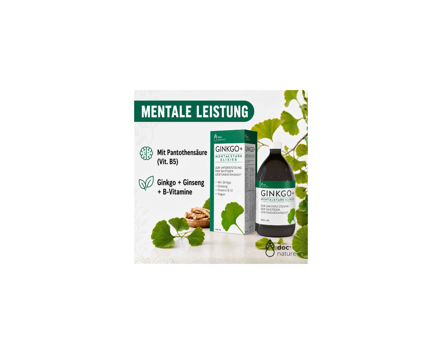 Ginkgo+ Mentalstark Elixier - Für Konzentration, Gedächtnis & mentale Leistungsfähigkeit, 1 l