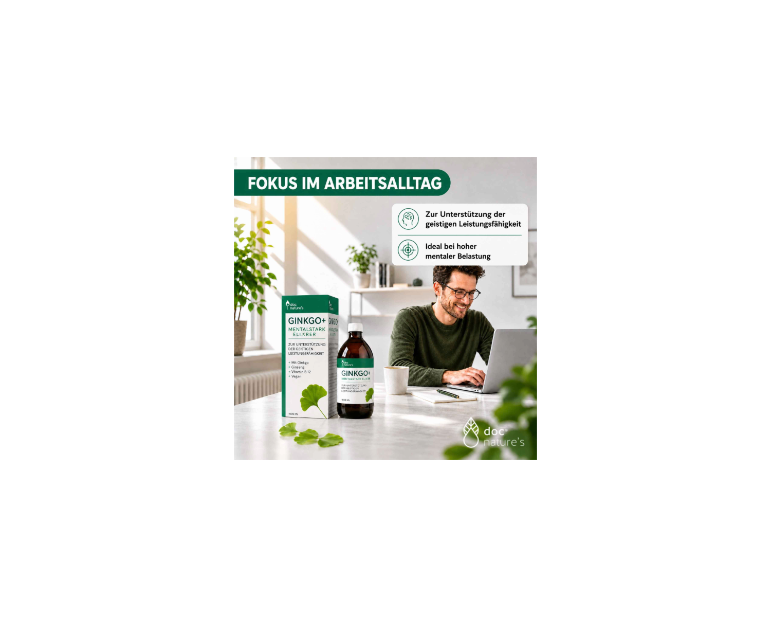 Ginkgo+ Mentalstark Elixier - Für Konzentration, Gedächtnis & mentale Leistungsfähigkeit, 1 l