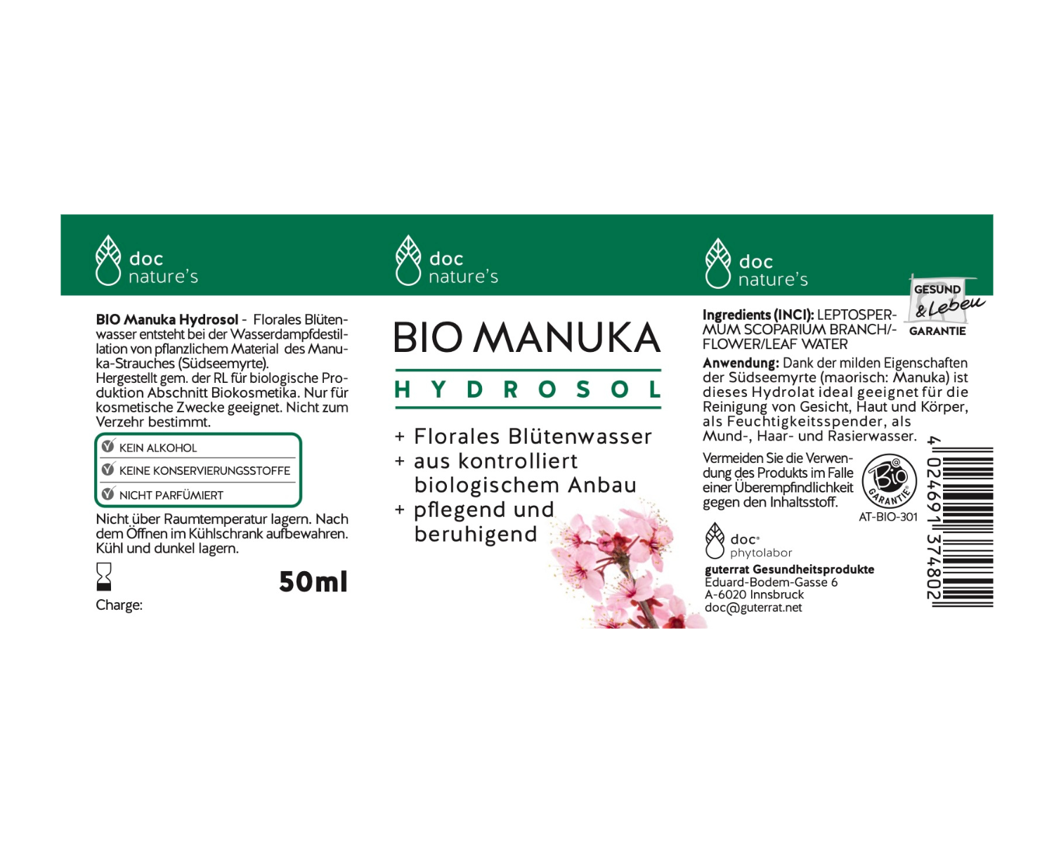 BIO MANUKA HYDROSOL, ZUR KÖRPER- UND GESICHTSREINIGUNG SOWIE ALS MUND-, HAAR- UND RASIERWASSER